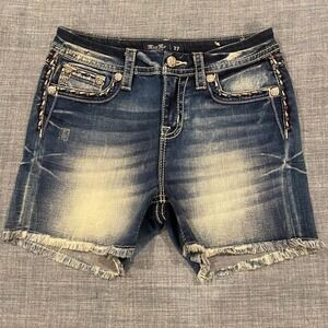 Miss Me Los Angeles Distressed Denim Shorts Embroidered USA Flag Blue Womens 27